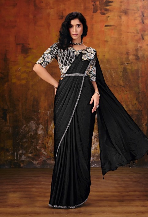Jet Black Embroidered Wedding Party Designer Saree